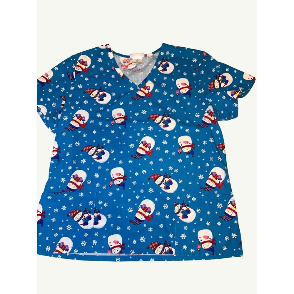 SB Scrubs Christmas Snowman Print V-Neck Top L/G